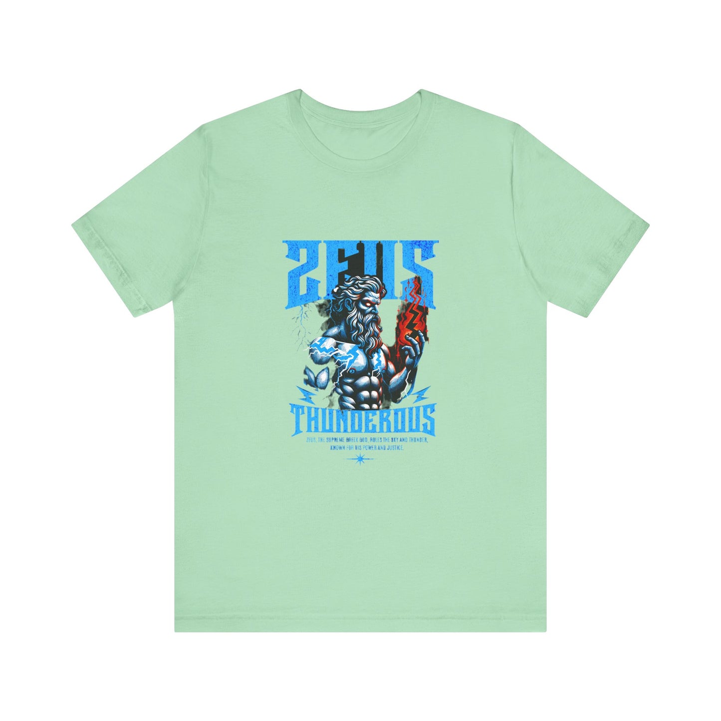 Zues Thunderous Tee, Lightning Bolt Shirt, Mythological Graphic Tee, Greek God T-Shirt, Unisex Jersey Top, Trendy Myth Tee