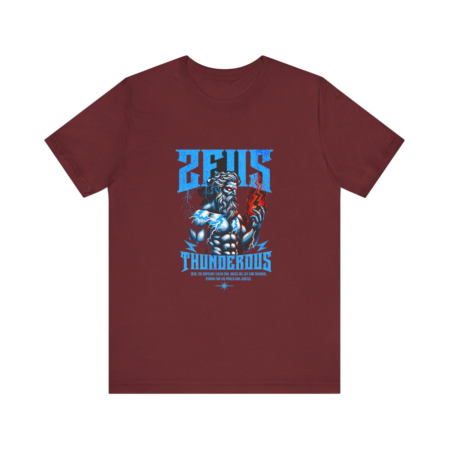 Zues Thunderous Tee, Lightning Bolt Shirt, Mythological Graphic Tee, Greek God T-Shirt, Unisex Jersey Top, Trendy Myth Tee
