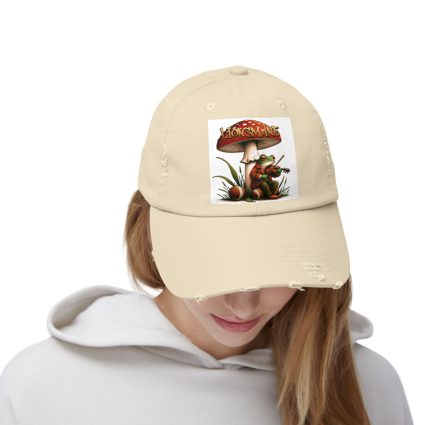 Frog in Peacoat under Lionsmane Mushroom Distressed Cotton Twill Hat