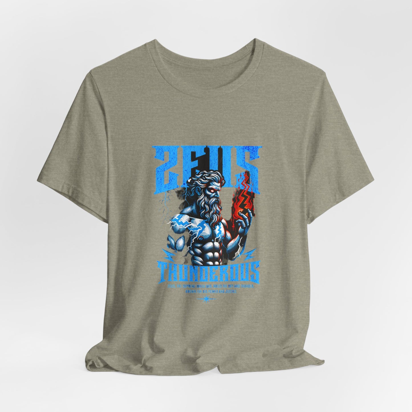 Zues Thunderous Tee, Lightning Bolt Shirt, Mythological Graphic Tee, Greek God T-Shirt, Unisex Jersey Top, Trendy Myth Tee
