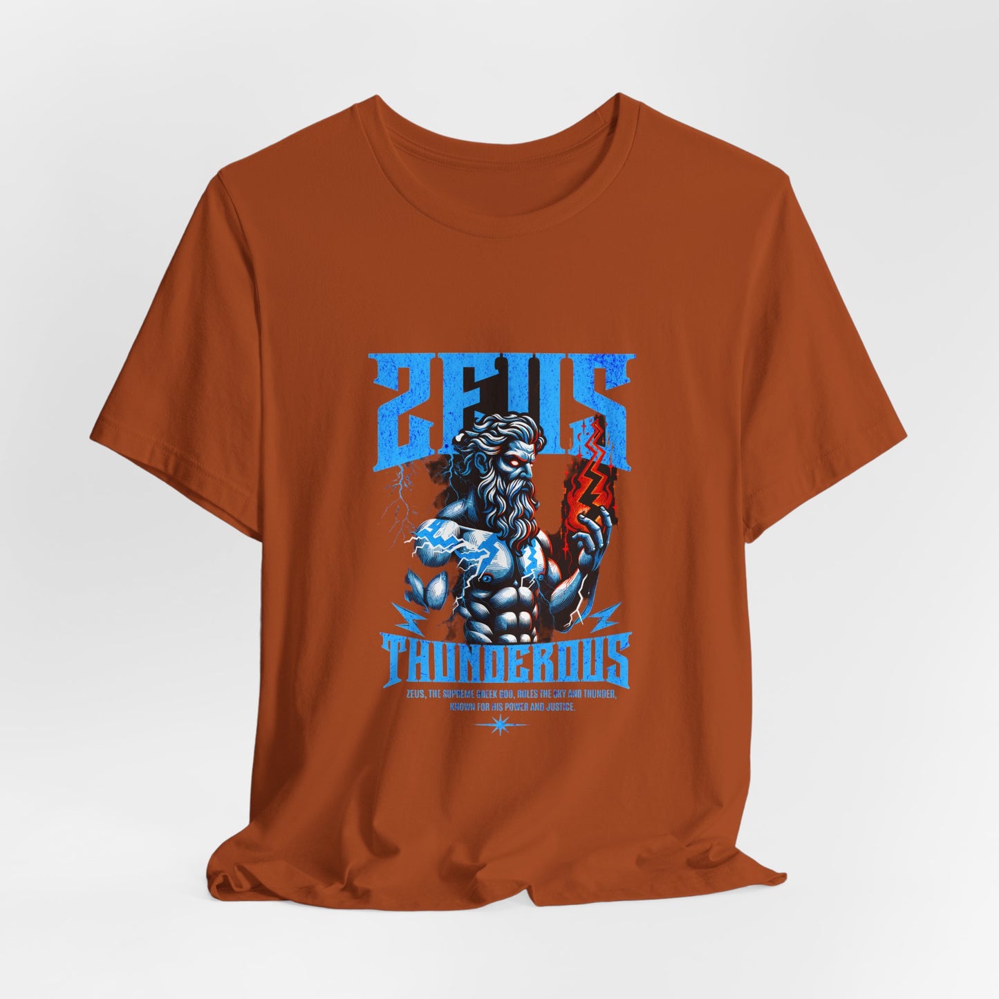 Zues Thunderous Tee, Lightning Bolt Shirt, Mythological Graphic Tee, Greek God T-Shirt, Unisex Jersey Top, Trendy Myth Tee