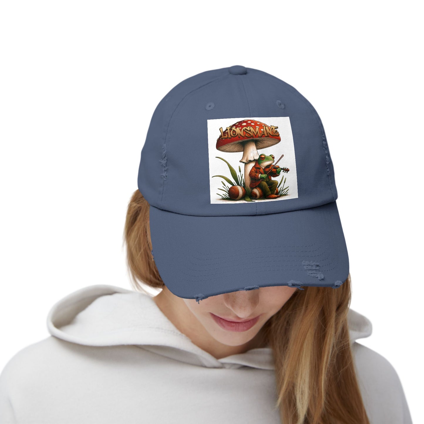 Frog in Peacoat under Lionsmane Mushroom Distressed Cotton Twill Hat