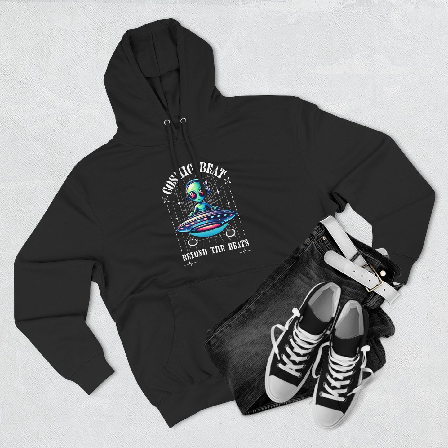 Galactic Vibes Cosmic Beats Three-Panel Fleece Hoodie, Space Alien Sweatshirt, Galaxy Print Hooded Sweatshirt, Celestial Hoodie, Futuristic