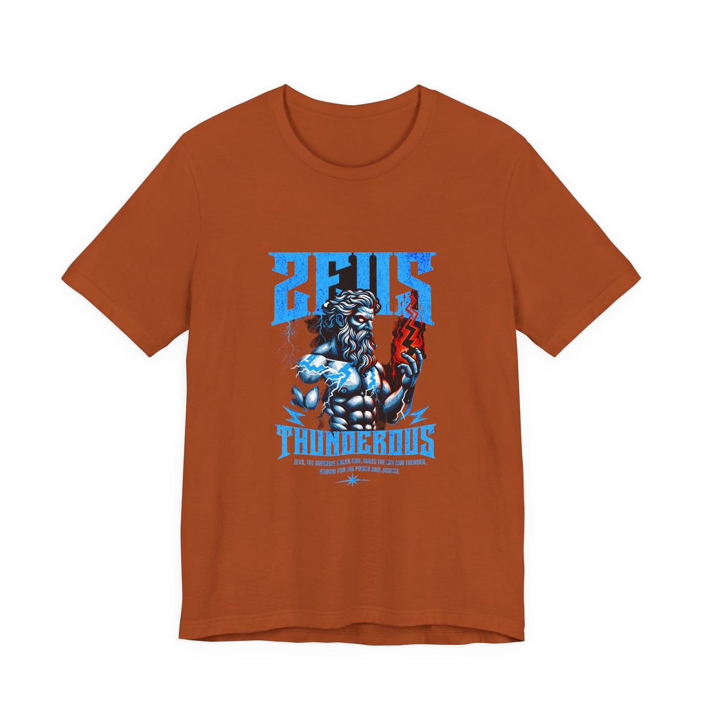 Zues Thunderous Tee, Lightning Bolt Shirt, Mythological Graphic Tee, Greek God T-Shirt, Unisex Jersey Top, Trendy Myth Tee