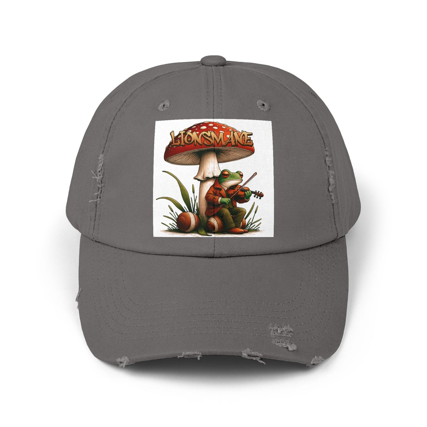 Frog in Peacoat under Lionsmane Mushroom Distressed Cotton Twill Hat