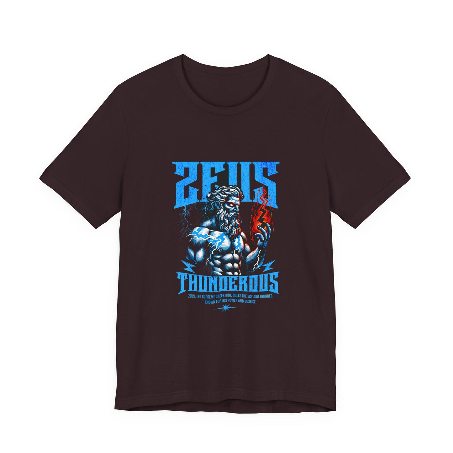 Zues Thunderous Tee, Lightning Bolt Shirt, Mythological Graphic Tee, Greek God T-Shirt, Unisex Jersey Top, Trendy Myth Tee