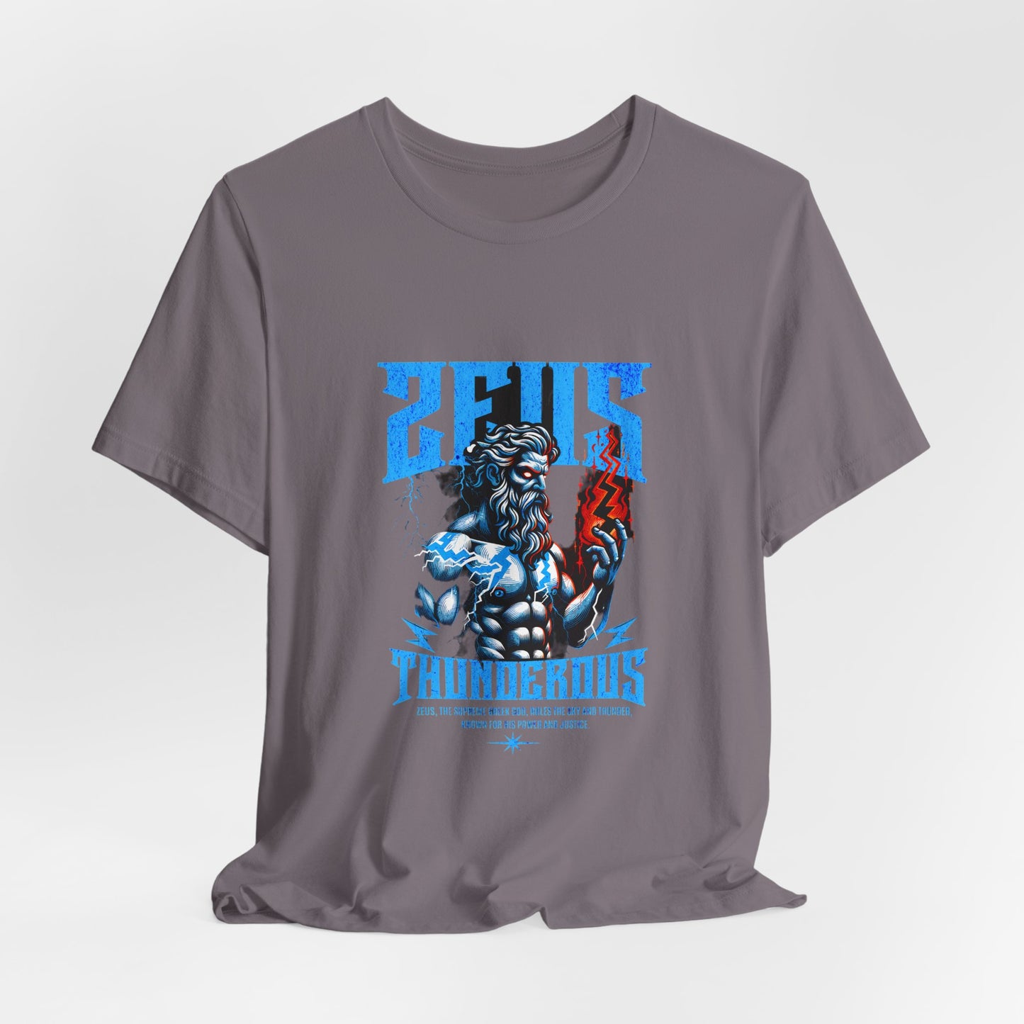 Zues Thunderous Tee, Lightning Bolt Shirt, Mythological Graphic Tee, Greek God T-Shirt, Unisex Jersey Top, Trendy Myth Tee