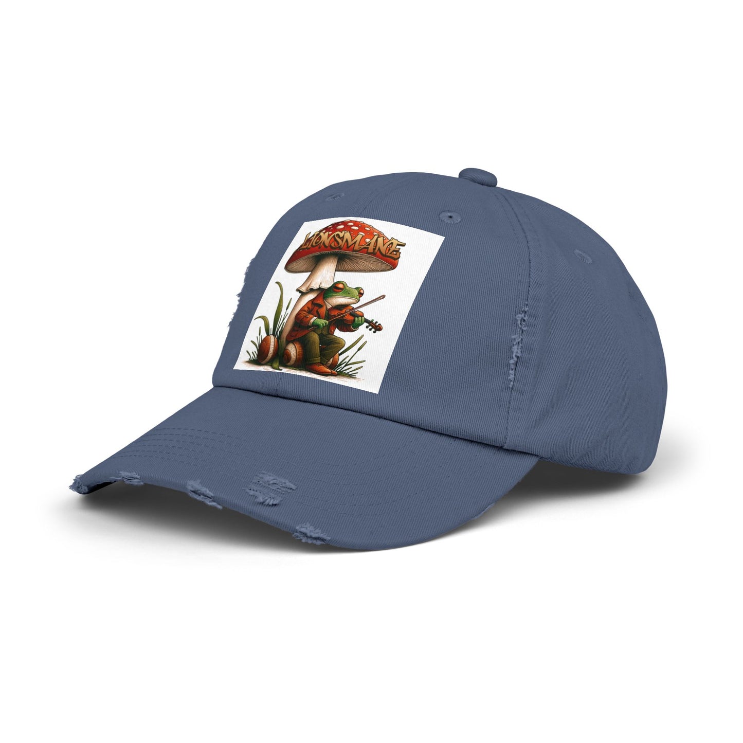 Frog in Peacoat under Lionsmane Mushroom Distressed Cotton Twill Hat