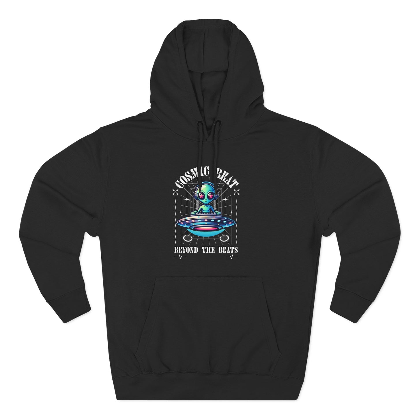 Galactic Vibes Cosmic Beats Three-Panel Fleece Hoodie, Space Alien Sweatshirt, Galaxy Print Hooded Sweatshirt, Celestial Hoodie, Futuristic