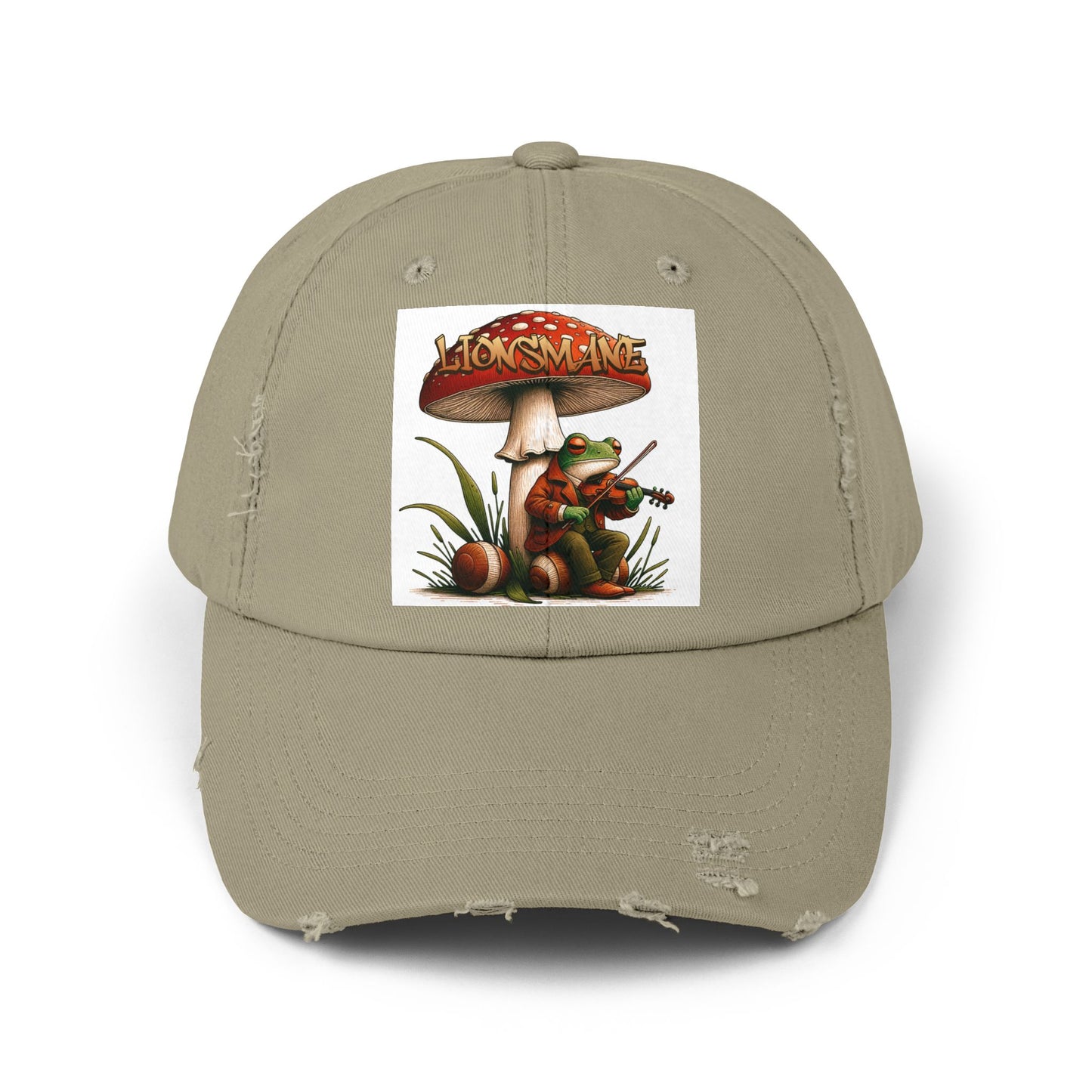 Frog in Peacoat under Lionsmane Mushroom Distressed Cotton Twill Hat