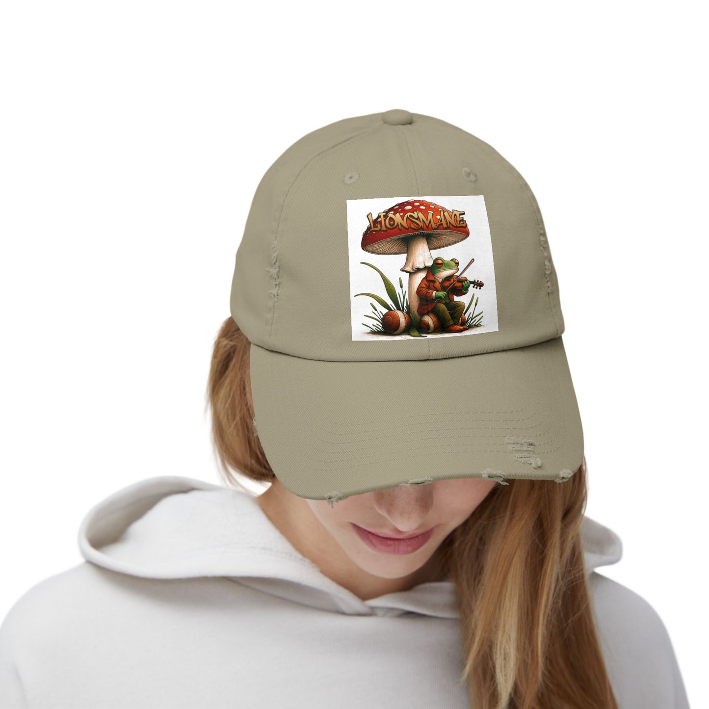Frog in Peacoat under Lionsmane Mushroom Distressed Cotton Twill Hat