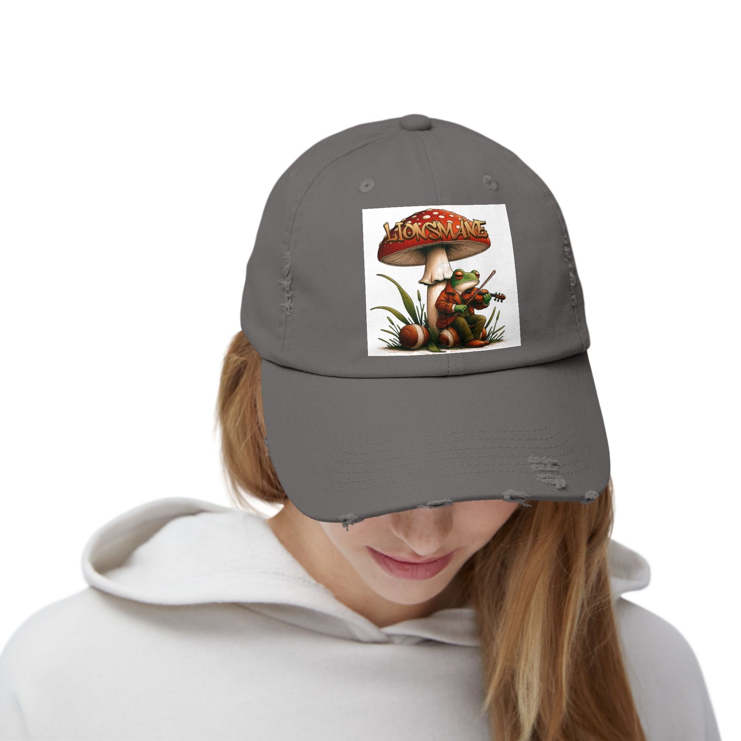 Frog in Peacoat under Lionsmane Mushroom Distressed Cotton Twill Hat