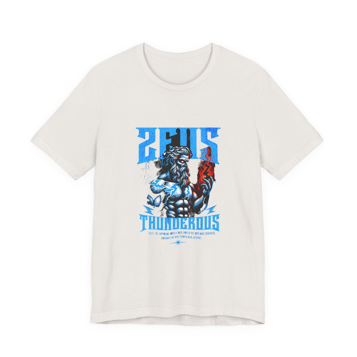 Zues Thunderous Tee, Lightning Bolt Shirt, Mythological Graphic Tee, Greek God T-Shirt, Unisex Jersey Top, Trendy Myth Tee