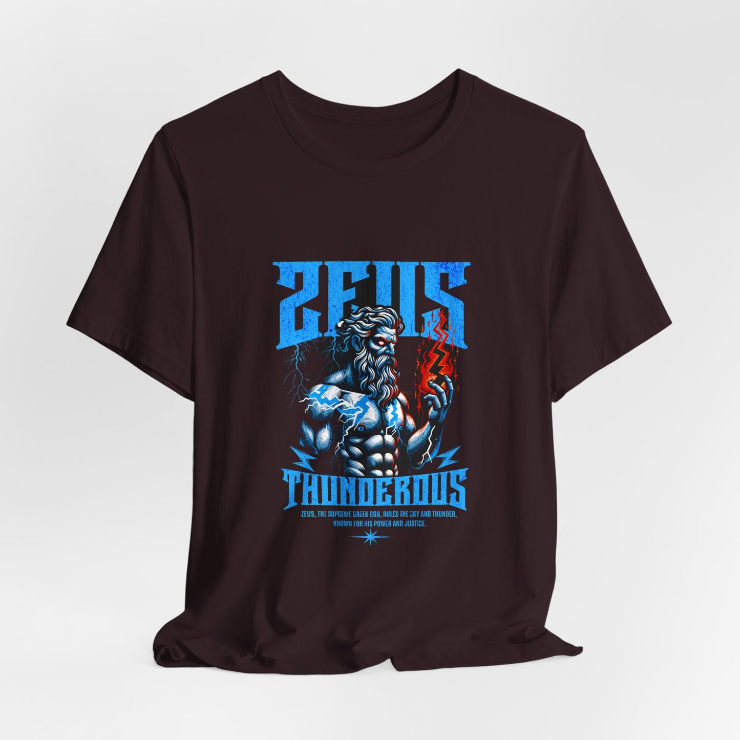 Zues Thunderous Tee, Lightning Bolt Shirt, Mythological Graphic Tee, Greek God T-Shirt, Unisex Jersey Top, Trendy Myth Tee
