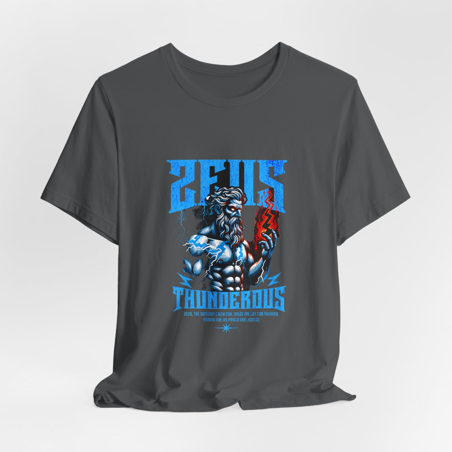Zues Thunderous Tee, Lightning Bolt Shirt, Mythological Graphic Tee, Greek God T-Shirt, Unisex Jersey Top, Trendy Myth Tee