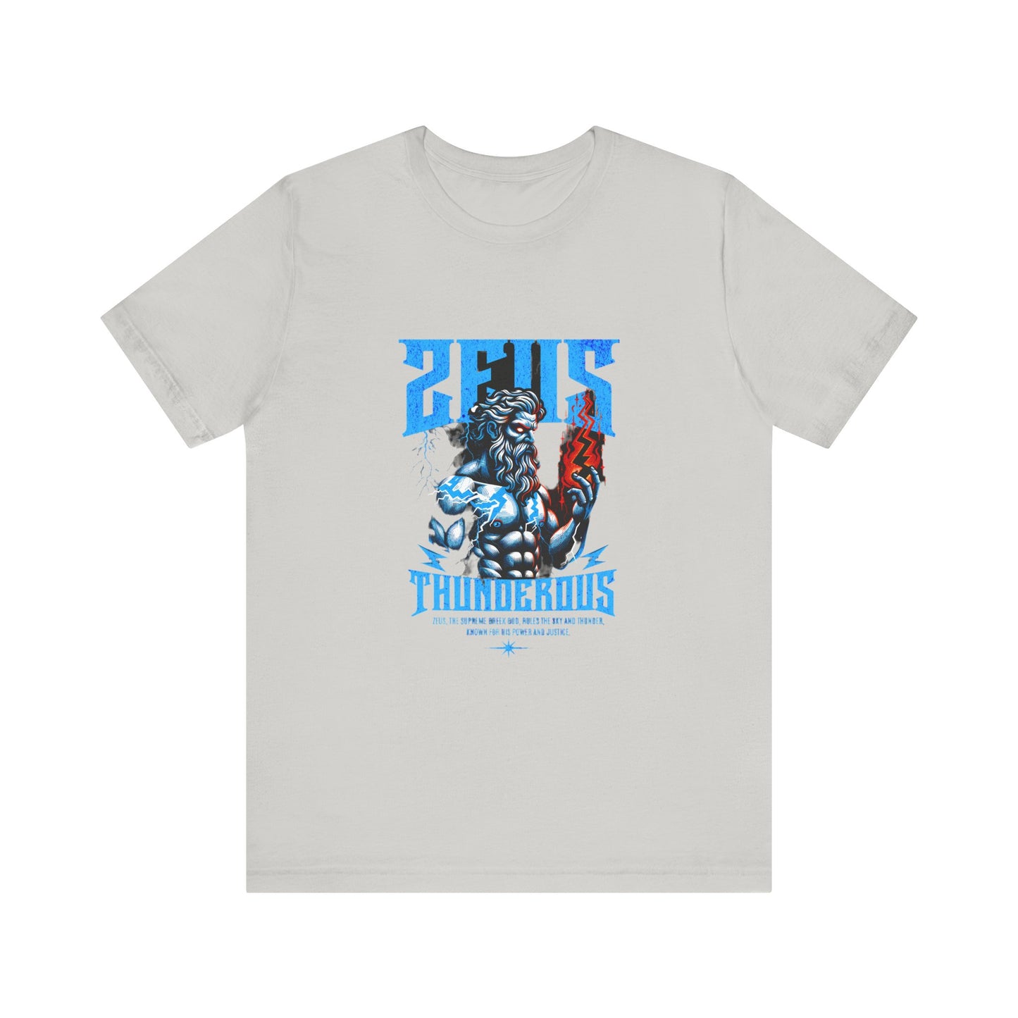 Zues Thunderous Tee, Lightning Bolt Shirt, Mythological Graphic Tee, Greek God T-Shirt, Unisex Jersey Top, Trendy Myth Tee