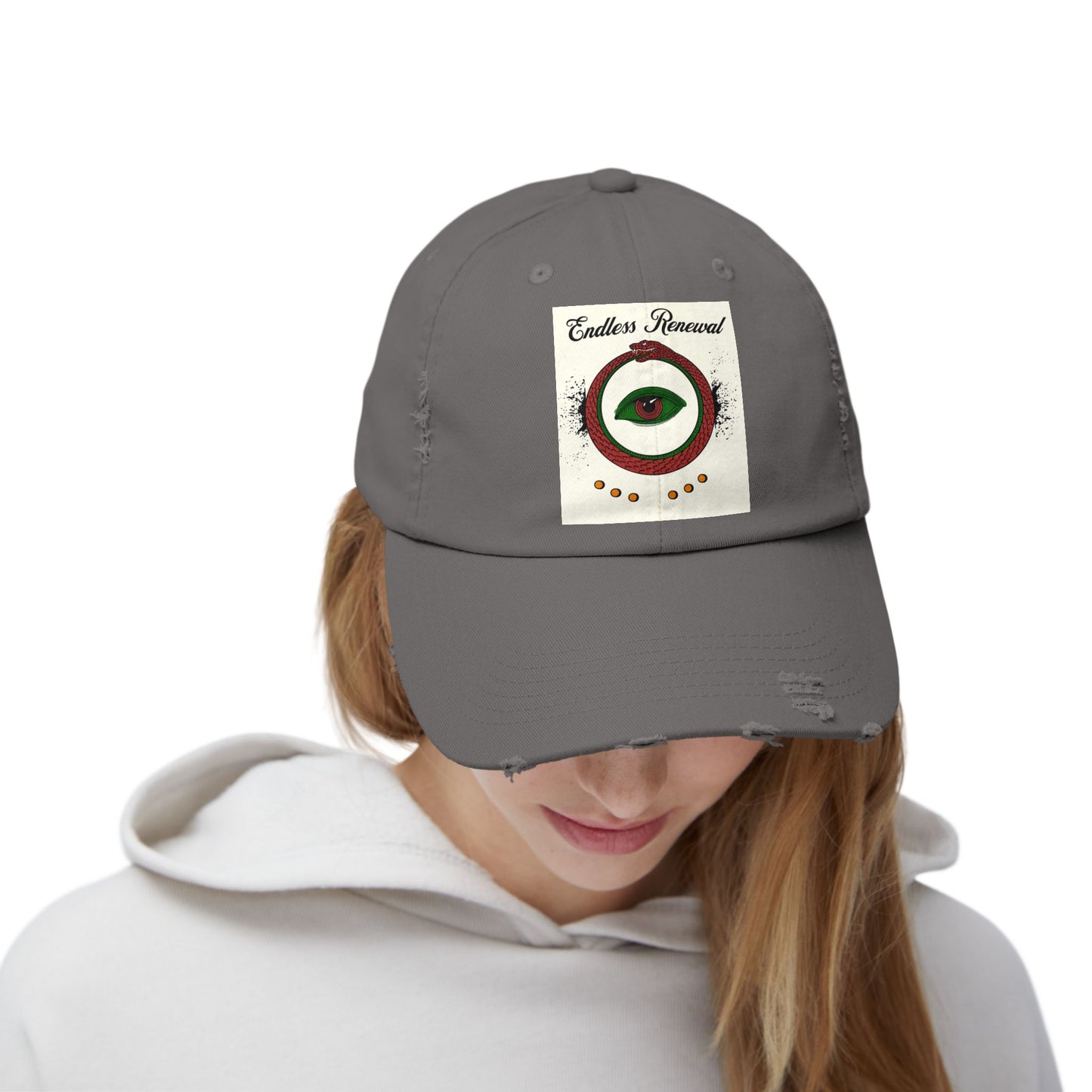 Endless Renewal Serpent Eye Distressed Cotton Twill Hat | Custom DTF Printed