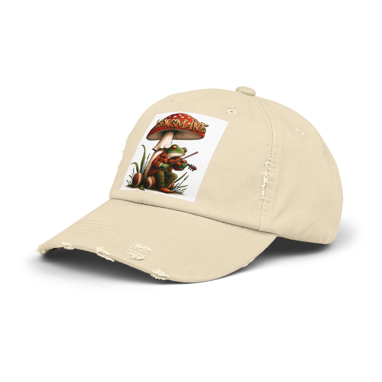 Frog in Peacoat under Lionsmane Mushroom Distressed Cotton Twill Hat