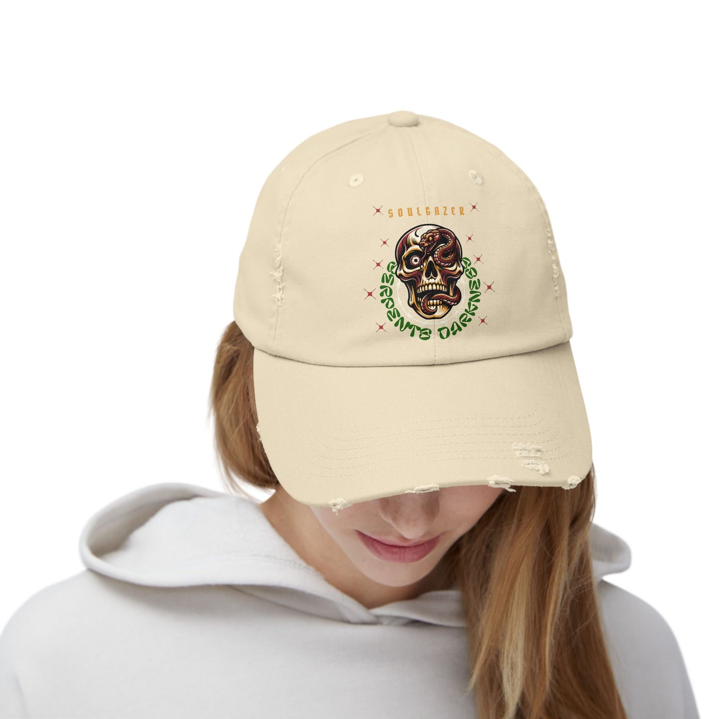 Soul Gazer Skull Snake Eye Distressed Cotton Twill Hat | Custom DTF Printed
