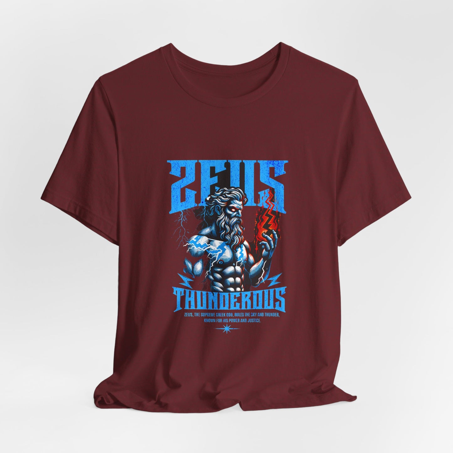 Zues Thunderous Tee, Lightning Bolt Shirt, Mythological Graphic Tee, Greek God T-Shirt, Unisex Jersey Top, Trendy Myth Tee