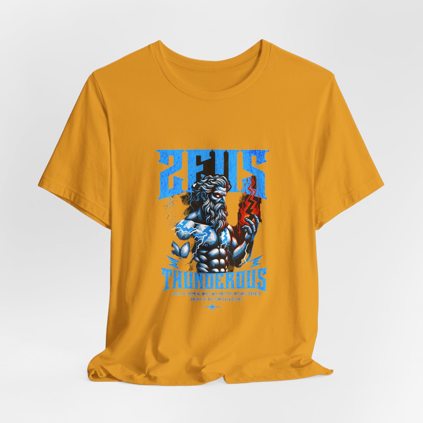 Zues Thunderous Tee, Lightning Bolt Shirt, Mythological Graphic Tee, Greek God T-Shirt, Unisex Jersey Top, Trendy Myth Tee