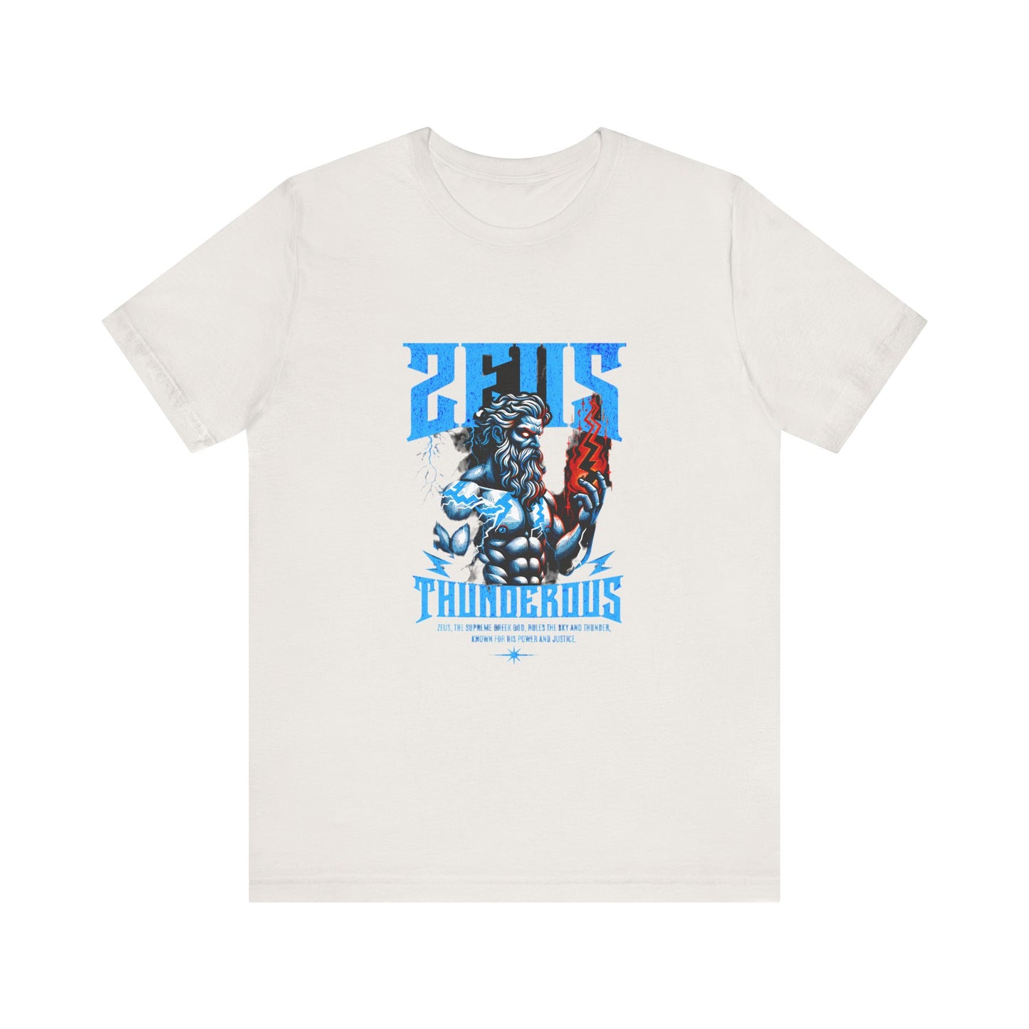 Zues Thunderous Tee, Lightning Bolt Shirt, Mythological Graphic Tee, Greek God T-Shirt, Unisex Jersey Top, Trendy Myth Tee