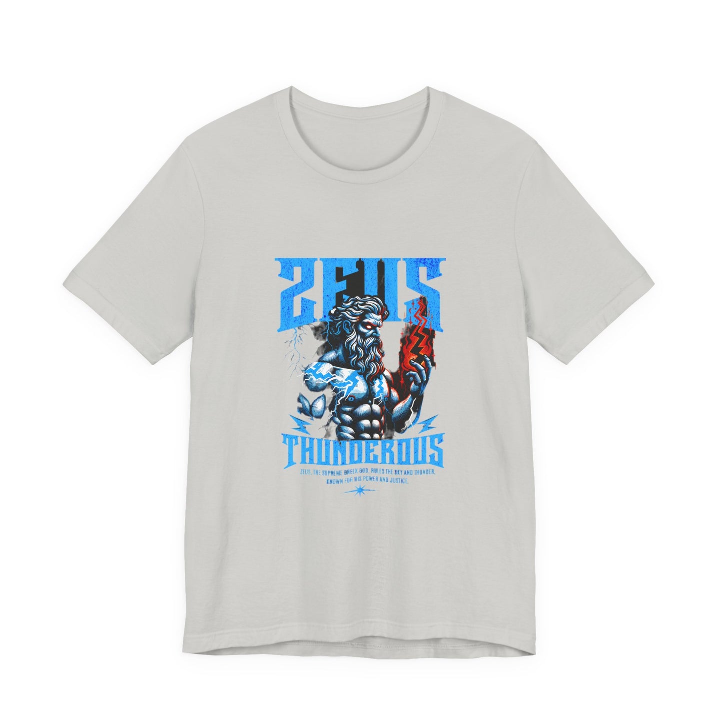 Zues Thunderous Tee, Lightning Bolt Shirt, Mythological Graphic Tee, Greek God T-Shirt, Unisex Jersey Top, Trendy Myth Tee