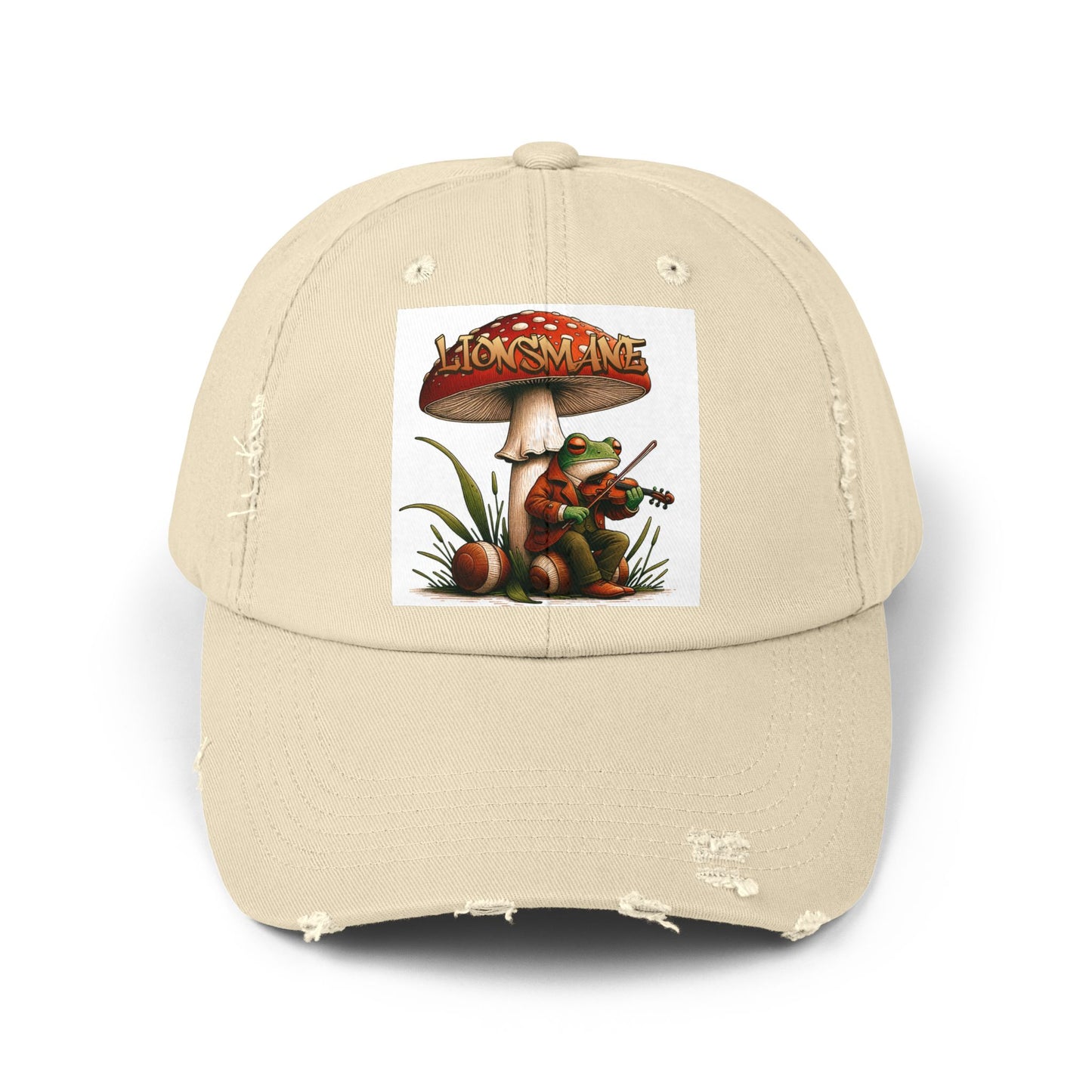 Frog in Peacoat under Lionsmane Mushroom Distressed Cotton Twill Hat
