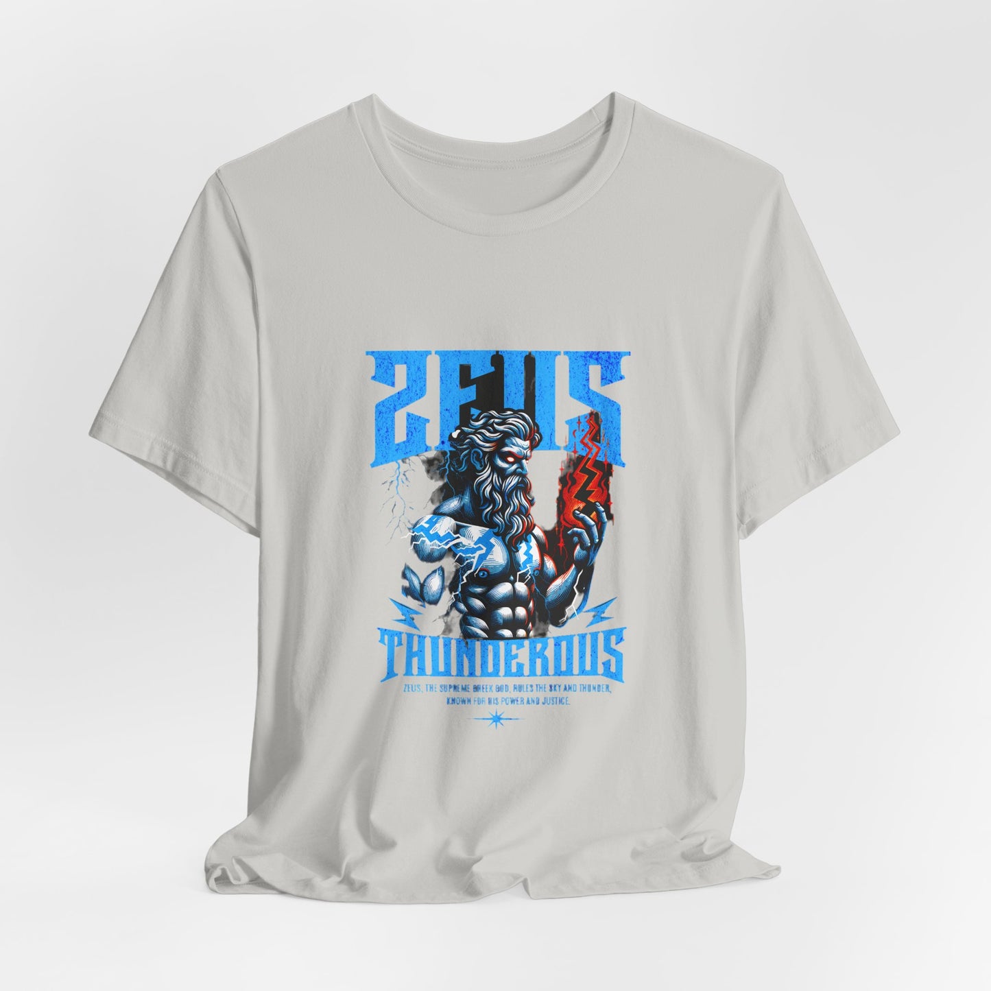 Zues Thunderous Tee, Lightning Bolt Shirt, Mythological Graphic Tee, Greek God T-Shirt, Unisex Jersey Top, Trendy Myth Tee