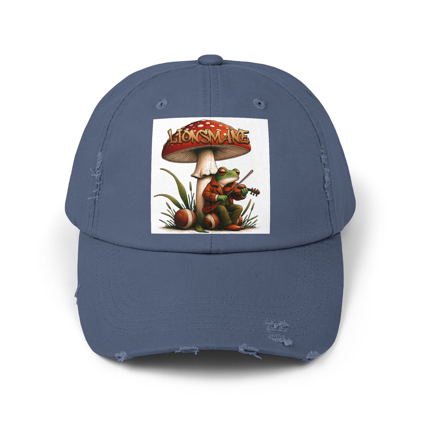 Frog in Peacoat under Lionsmane Mushroom Distressed Cotton Twill Hat