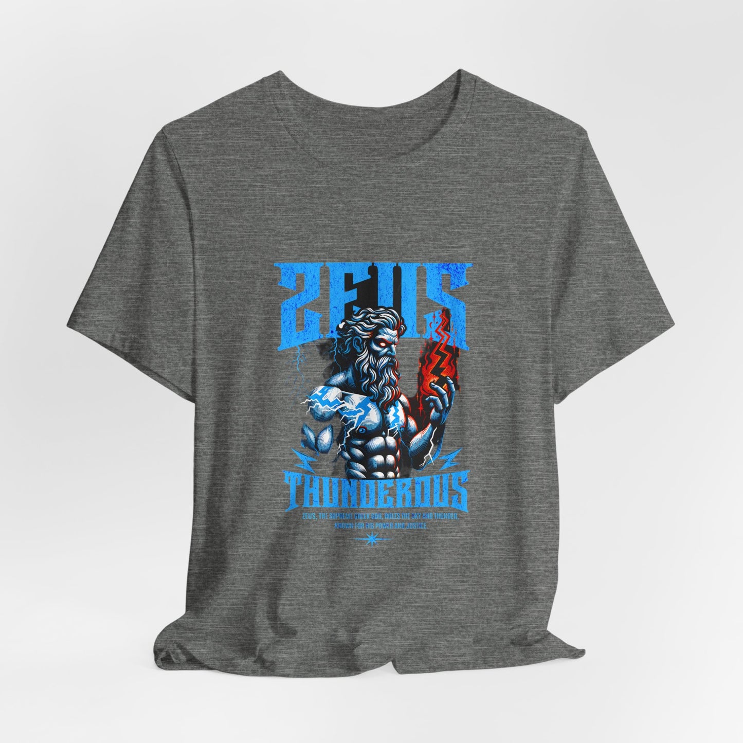 Zues Thunderous Tee, Lightning Bolt Shirt, Mythological Graphic Tee, Greek God T-Shirt, Unisex Jersey Top, Trendy Myth Tee