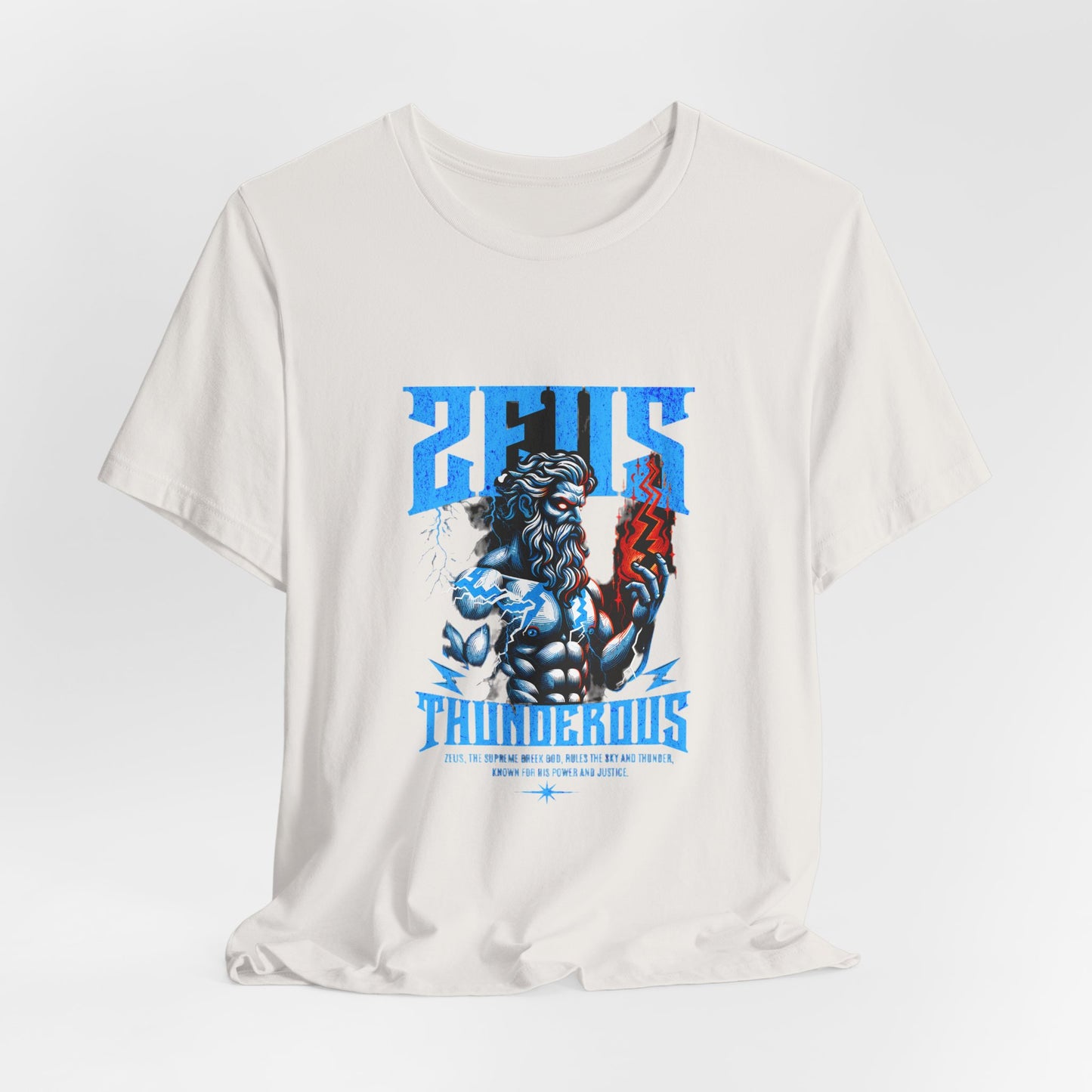 Zues Thunderous Tee, Lightning Bolt Shirt, Mythological Graphic Tee, Greek God T-Shirt, Unisex Jersey Top, Trendy Myth Tee