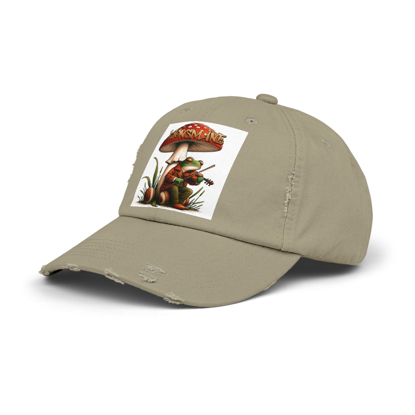 Frog in Peacoat under Lionsmane Mushroom Distressed Cotton Twill Hat
