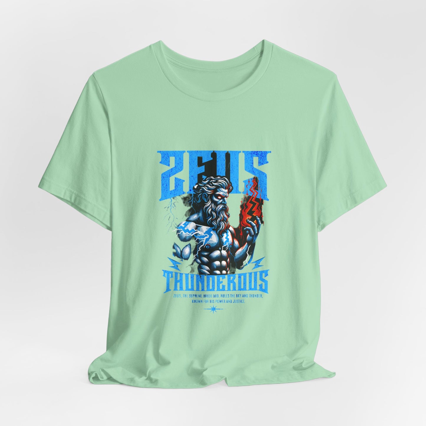 Zues Thunderous Tee, Lightning Bolt Shirt, Mythological Graphic Tee, Greek God T-Shirt, Unisex Jersey Top, Trendy Myth Tee