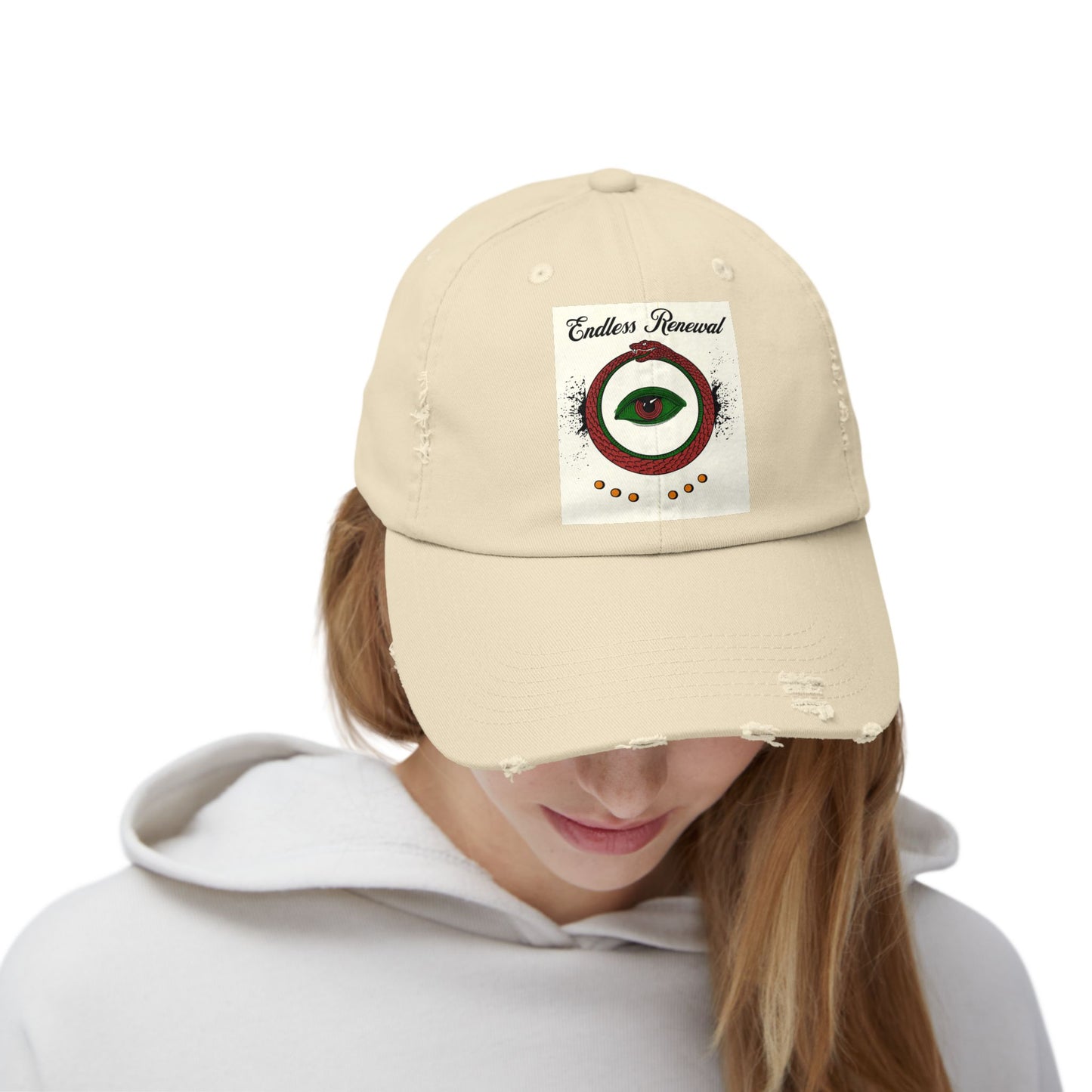 Endless Renewal Serpent Eye Distressed Cotton Twill Hat | Custom DTF Printed