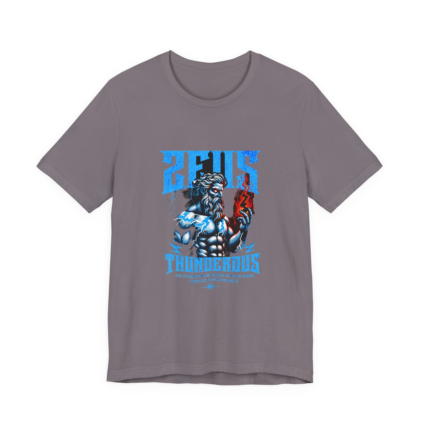 Zues Thunderous Tee, Lightning Bolt Shirt, Mythological Graphic Tee, Greek God T-Shirt, Unisex Jersey Top, Trendy Myth Tee