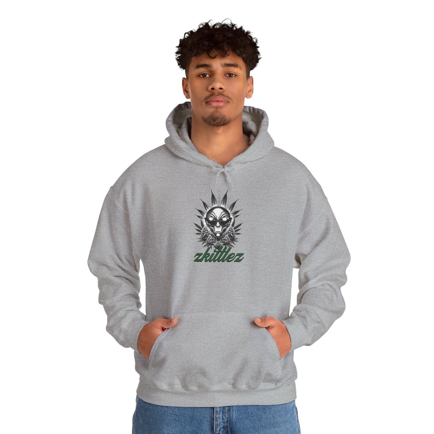 Zkittlez Alien Weed Hoodie - Galaxy Stoner Sweatshirt, Space Marijuana Pullover, Celestial Cannabis Jumper, UFO 420 Hooded Sweater, Trippy