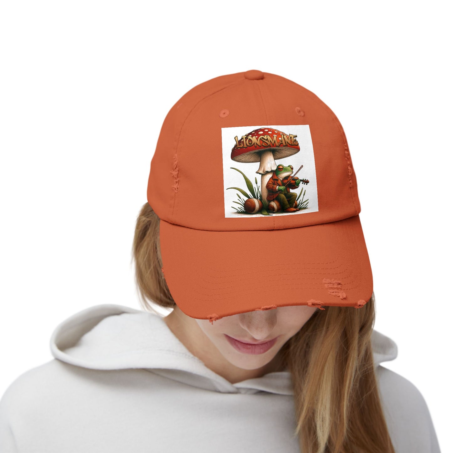 Frog in Peacoat under Lionsmane Mushroom Distressed Cotton Twill Hat