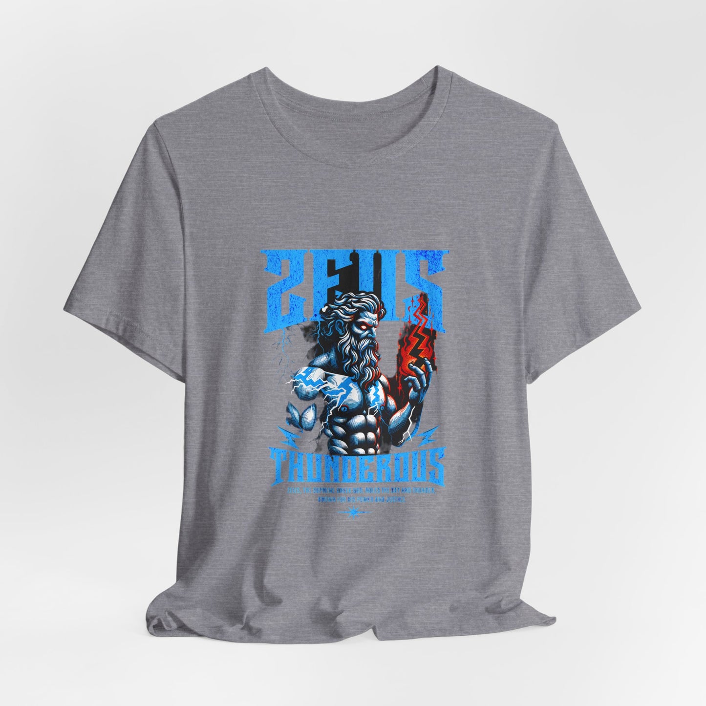 Zues Thunderous Tee, Lightning Bolt Shirt, Mythological Graphic Tee, Greek God T-Shirt, Unisex Jersey Top, Trendy Myth Tee