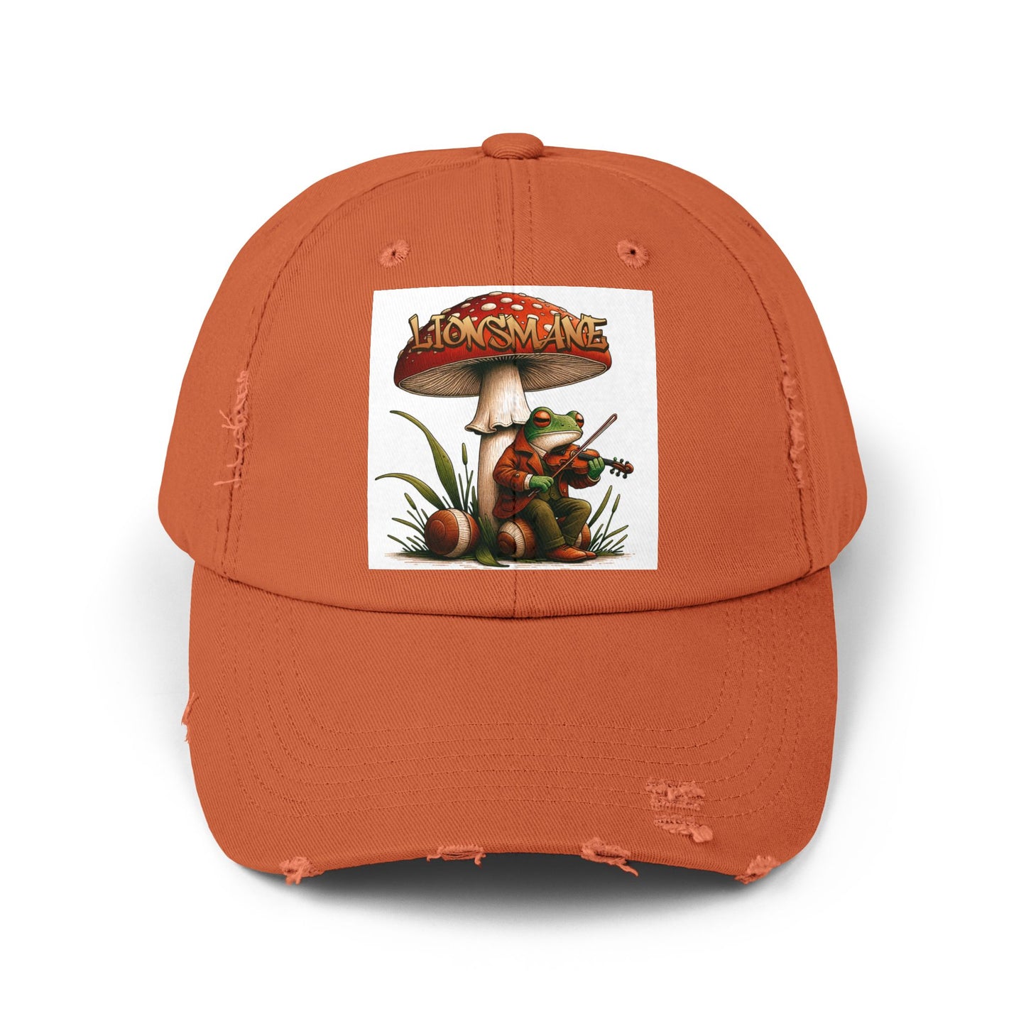 Frog in Peacoat under Lionsmane Mushroom Distressed Cotton Twill Hat