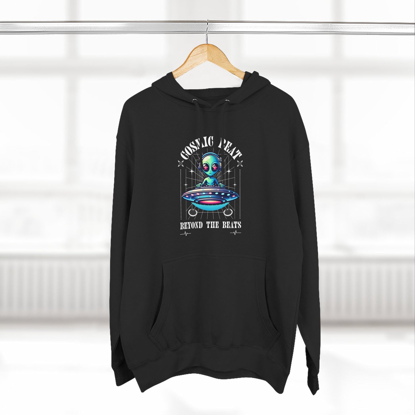 Galactic Vibes Cosmic Beats Three-Panel Fleece Hoodie, Space Alien Sweatshirt, Galaxy Print Hooded Sweatshirt, Celestial Hoodie, Futuristic
