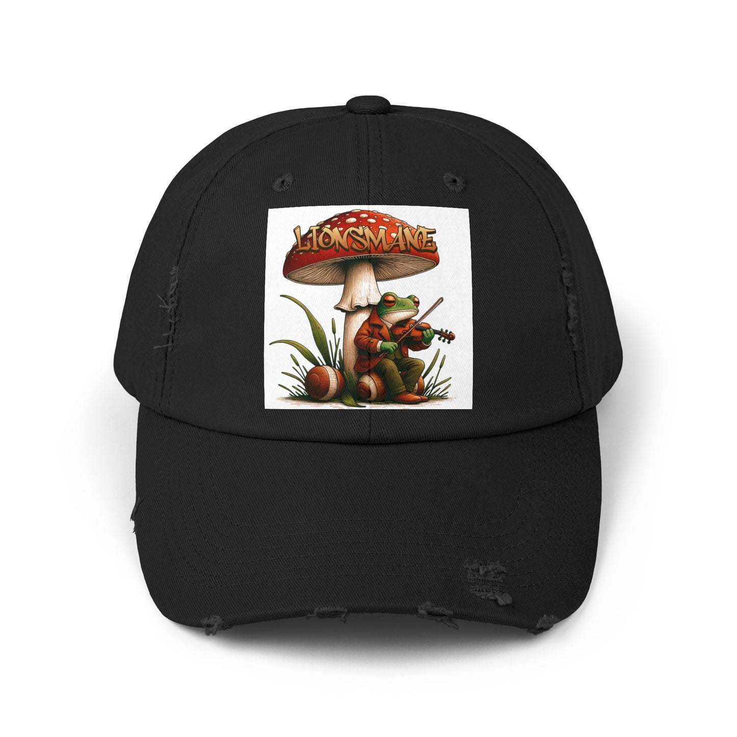 Frog in Peacoat under Lionsmane Mushroom Distressed Cotton Twill Hat