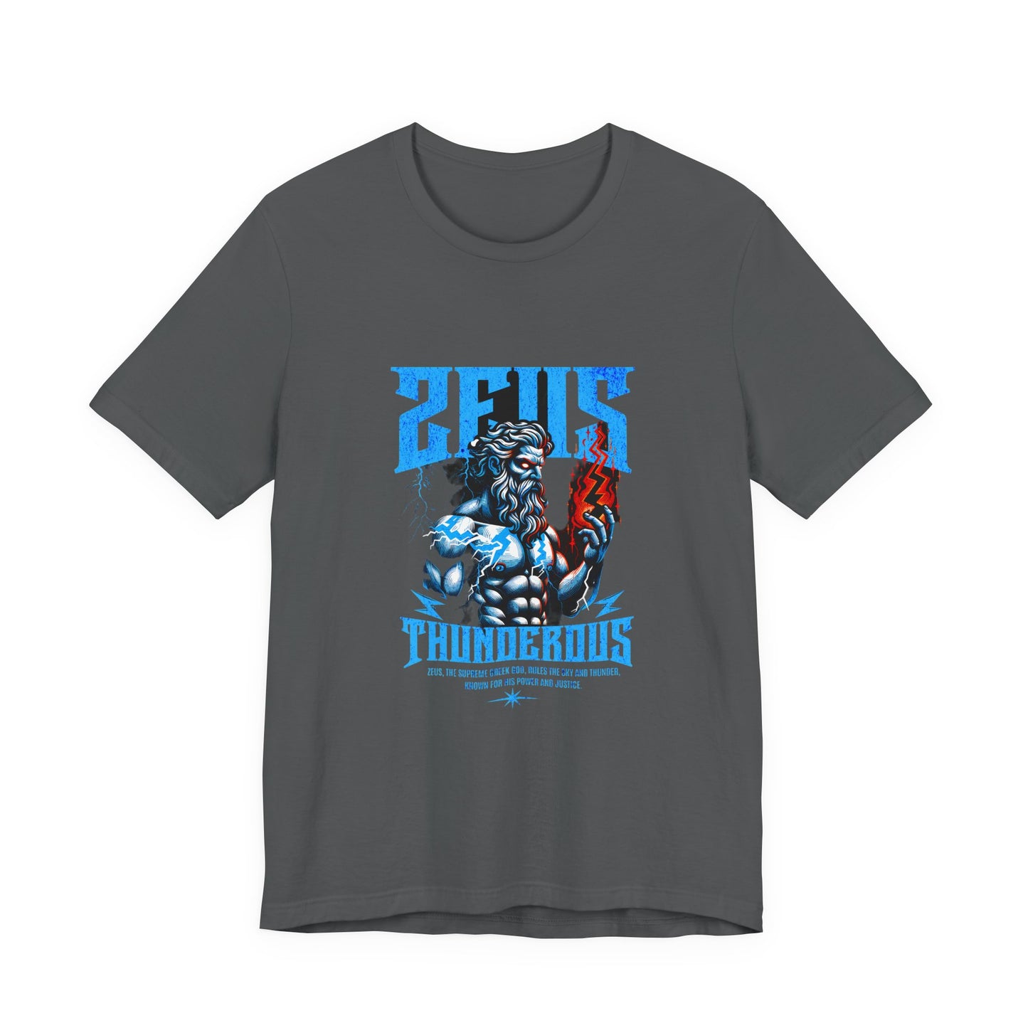 Zues Thunderous Tee, Lightning Bolt Shirt, Mythological Graphic Tee, Greek God T-Shirt, Unisex Jersey Top, Trendy Myth Tee