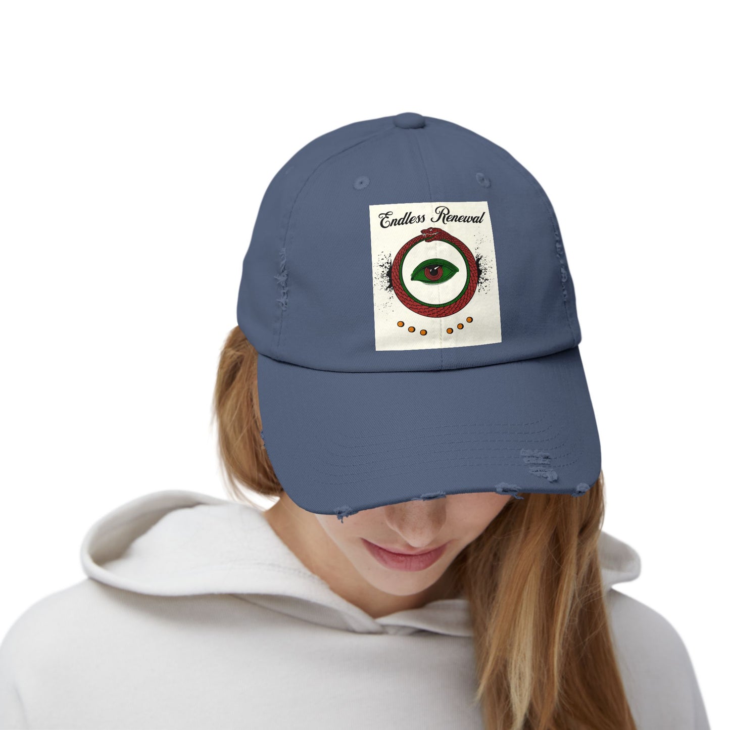 Endless Renewal Serpent Eye Distressed Cotton Twill Hat | Custom DTF Printed