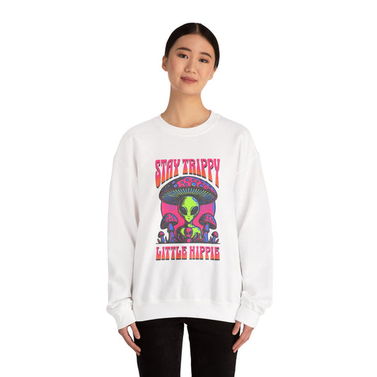 Stay Trippy Little Hippie Alien Sweatshirt - Unisex Crewneck, Heavy Blend Pullover, Galaxy Jumper, Cool Space Graphic Top, Retro UFO Sweater