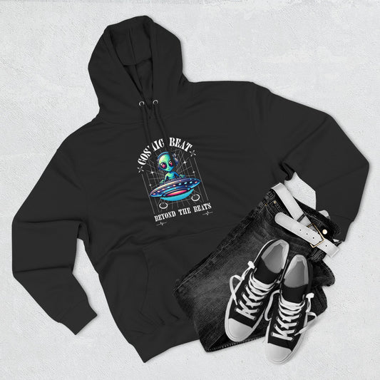 Galactic Vibes Cosmic Beats Three-Panel Fleece Hoodie, Space Alien Sweatshirt, Galaxy Print Hooded Sweatshirt, Celestial Hoodie, Futuristic