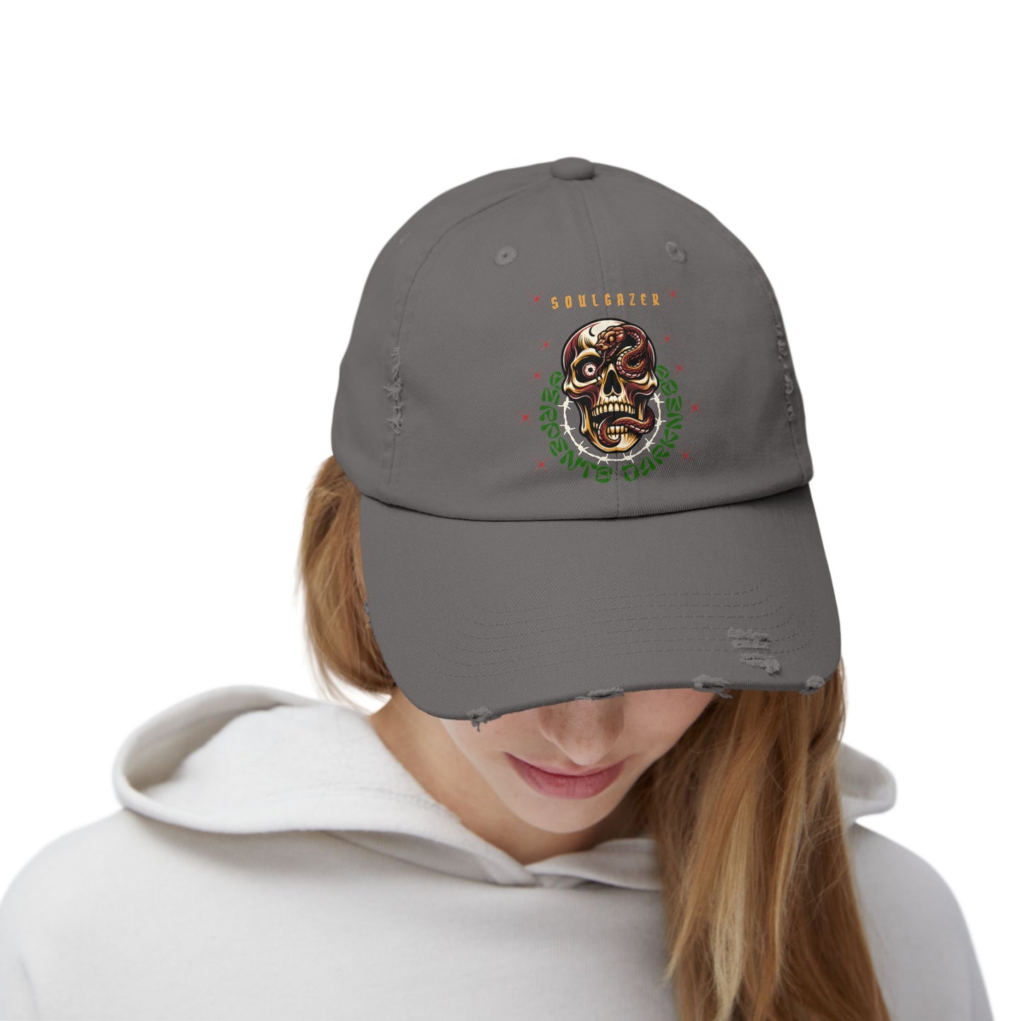 Soul Gazer Skull Snake Eye Distressed Cotton Twill Hat | Custom DTF Printed