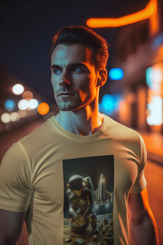 Golden Astronaut Unisex Jersey Tee, Space Abundance T-Shirt, Collecting Gold Shirt, Galaxy Explorer Top, Cosmic Adventure Apparel, Celestial