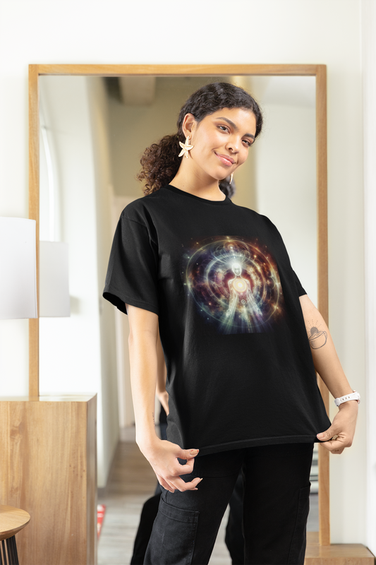 Hue-Man Collection Unisex Tee, Divine Light Alien Earth, T-Shirt Gift for Him Her, Spiritual Graphic Clothing, Ethereal Mystical Top,