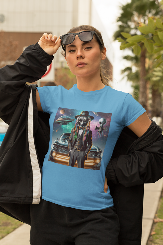 Alien Drip T-Shirt, Colorful Dreadlocks Extraterrestrial Tee, Alien in Skinny Suit Car Graphic Tee, Hip Hop Alien Shirt, Pimped Out Alien